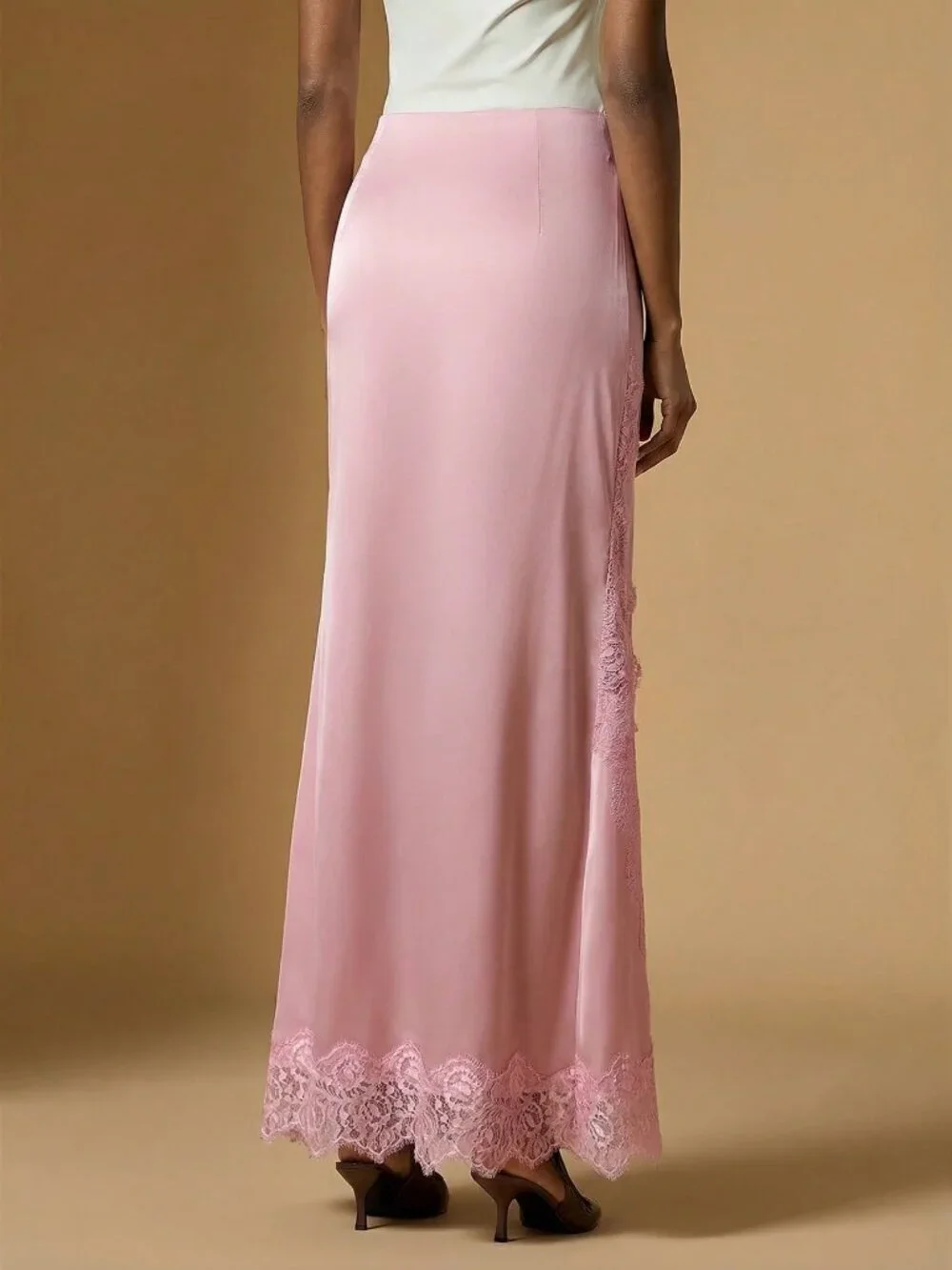 pink Elegant Women's Lace Patchwork satin Skirt